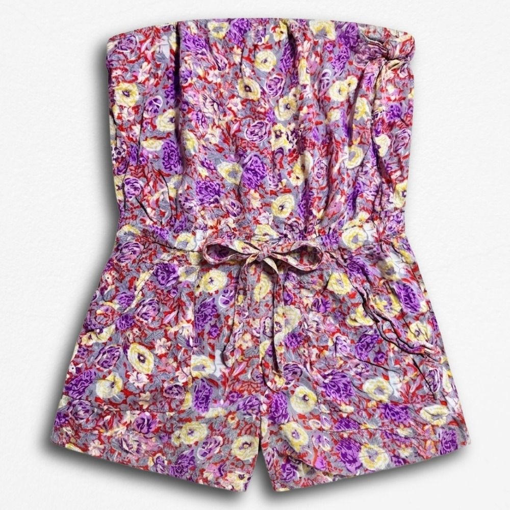 Aviva Womens Floral Strapless Romper Purple Yellow Cotton Blend Size Large